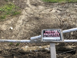 Bullet-riddled "No Trespassing/No Shooting" sign near the Yolo Bypass